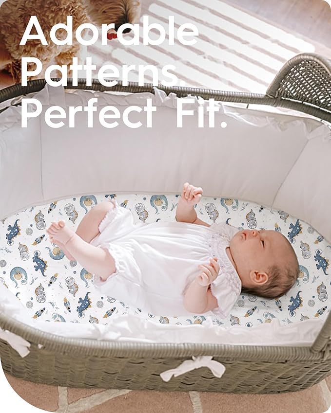 Bassinet Sheets for Baby Boy Girl, TotBasic Buttery Soft Universal Bassinet Fitted Sheet, Compatible with Halo, Mika Micky, Baby Delight, Dream On Me, Maxi COSI and More Bassinet Mattress(Dino&Whale)