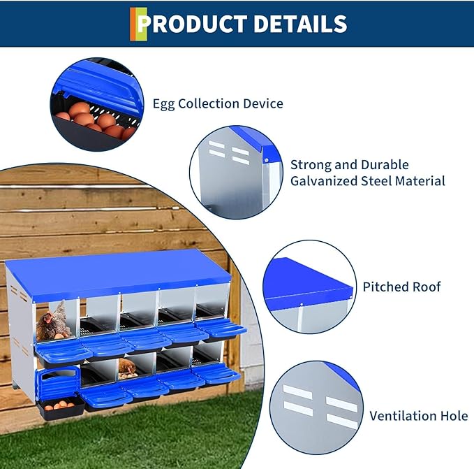 Two-Tier Chicken Nesting Box, 10 Hole Metal Chicken Egg Laying Box with Roll Away, Egg Collection Nesting Boxes for Chicken Coop