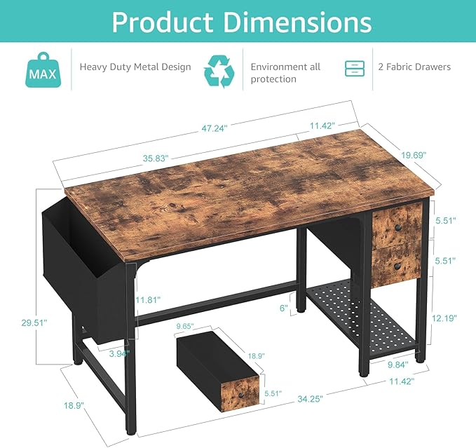 Lufeiya Computer Desk with Fabric Drawers, 47 Inch Desk for Small Space Home Office, Modern Simple Study Writing Table PC Desks for Bedroom, Rustic Brown