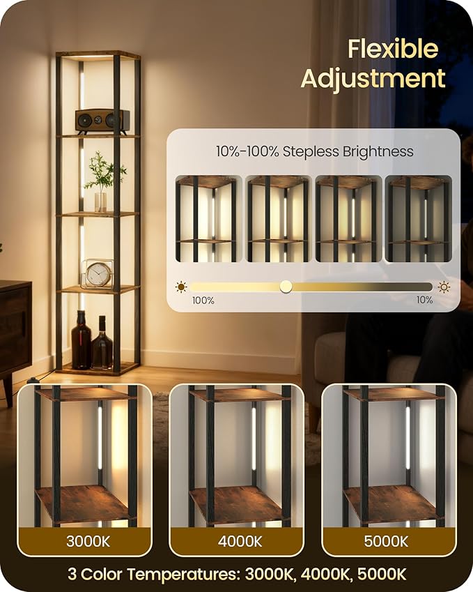 64.2" Display Shelf with Light, Modern Corner Floor Lampe with Shelves