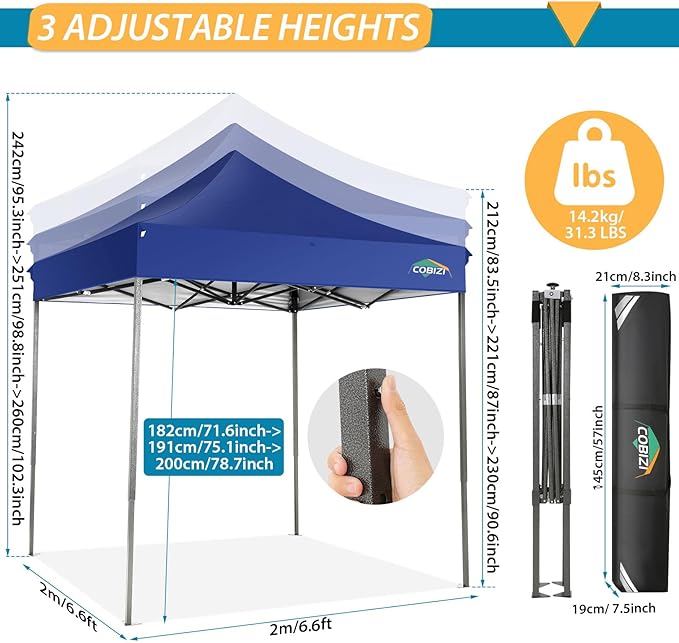 COBIZI 6.6x6.6 Pop Up Canopy Without Sidewall,Heavy Duty Canopy UPF 50+ All Season Wind Waterproof Commercial Outdoor Party Tents for Parties Canopy Gazebo with Storage Bag(6.6 x 6.6 ft Dark Blue)