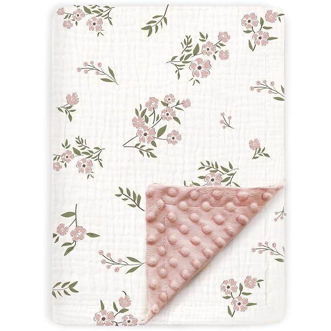 BOPRIO Muslin Baby Blankets for Girls Super Soft Nursery Minky Blankets with Breathable Muslin Cotton Front and 3D Touch Dotted Fleece Backing, Pink Floral Printed Bed Throws Newborn 30 x 40 Inch