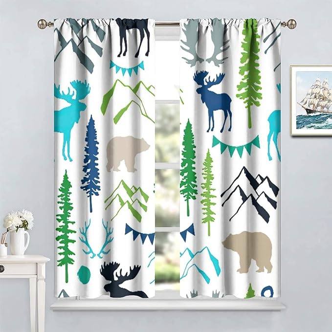 Forest Woodland Curtains, Wild Nature Bear Moose Deer Pine Trees Mountain Cabin Lodge Blackout Rod Pocket Windows Door Curtain for Bedroom Living Room Home Decor 42x45in