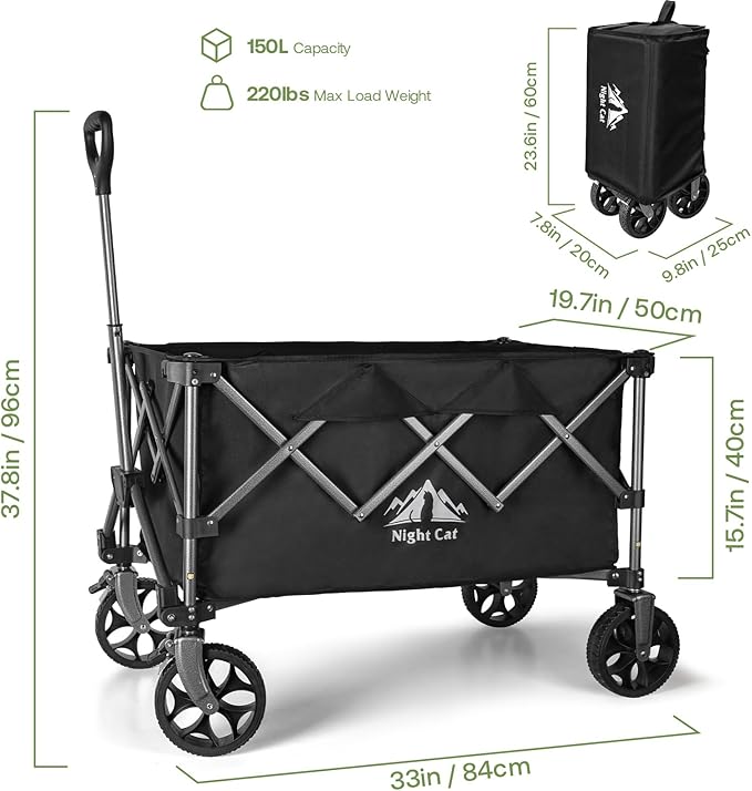 Night Cat Collapsible Wagon for Camping: 150L Garden Gart with Wheels Heavy Duty - Folding Utility Wagon for Outdoor