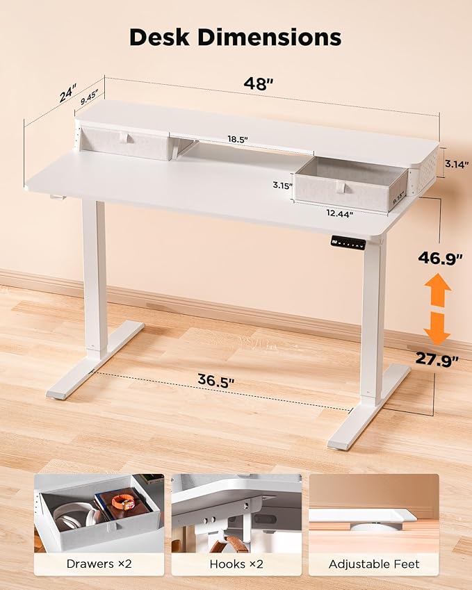 48x24 Inch Standing Desk with Double Drawers, C-Clamp Mount Compatible, Electric Adjustable Height Computer Stand Up Desks, Home Office Sit Stand Table with 3 Preset Heights & 2 Hooks, White