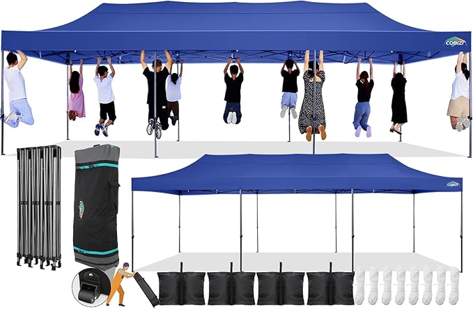 COBIZI 10x30 Pop Up Canopy Without Sidewall,Heavy Duty Canopy UPF 50+ All Season Wind Waterproof Commercial Outdoor Wedding Party Tents for Parties Canopy Gazebo with Roller Bag(10 x 30 ft Dark Blue)