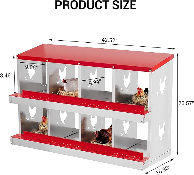 8-Compartment Metal Chicken Nesting Box - with Perch, Secure Lid & Metal Legs, Wall-Mount or Free-Standing Nesting Boxes for Hens