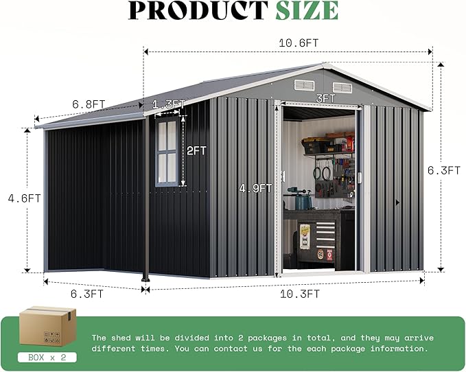 Jocisland 10.6x6.8x6.3 FT Outdoor Storage Shed with Sliding Doors, Two 4-Pane Windows, Open Design Outdoor Shed for Wood Storage, Dark Grey/White