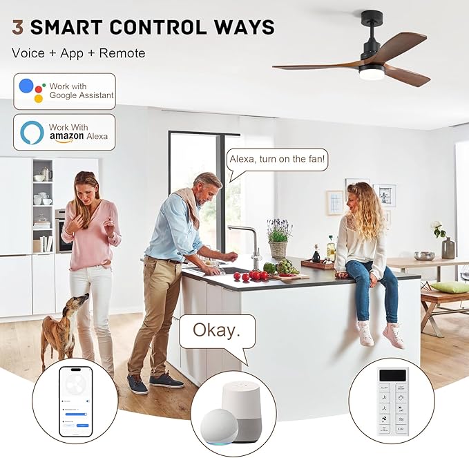 Sofucor Smart Ceiling Fan with Light, 52 Inch Solid Wood Ceiling Fans with