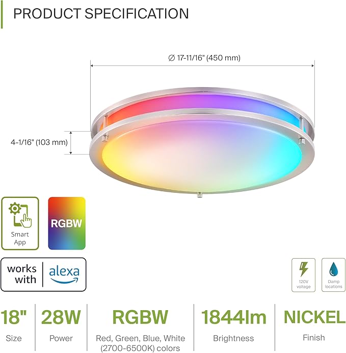 ASD LED 18" Round Flush Mount Lighting, Close to Ceiling Light Fixture | Smart