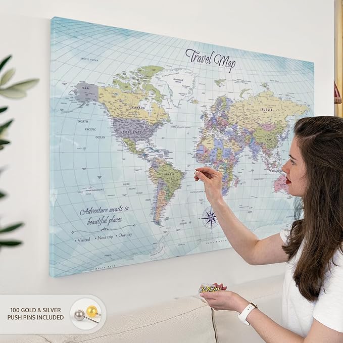 ElephantStock - Push Pin Travel Map World I Wall Art - Horizontal Canvas Wall Art - Living Room Wall Decor - Printmaking Map Canvas Art - Blue And Beige Decor - 45" x 30"