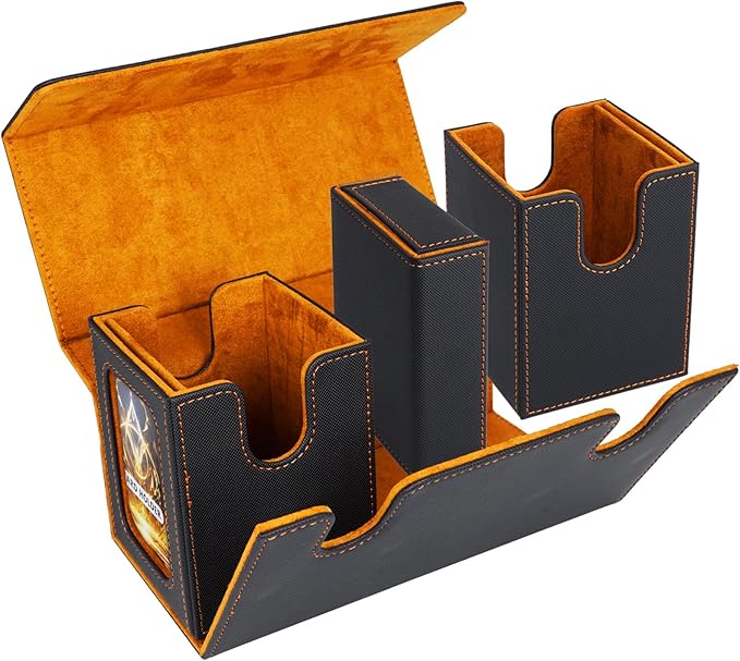 AFIING MTG Commander Deck Box 200 Double Sleeved Cards Storage, 3-in-1 Magnetic Card Case Organizer for Magic: The Gathering TCG CCG, 4 Dividers & 2 Toploaders (Black/Orange)