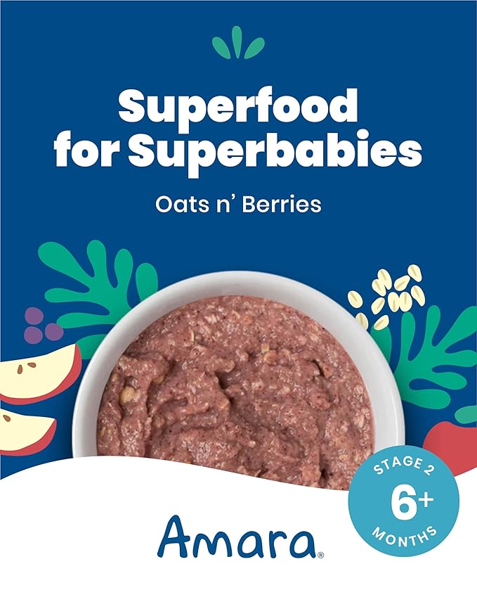 Amara Organic Baby Food | Oats and Berries | Baby Cereal to Mix With Breastmilk, Water, or Baby Formula | Baby Food Pouches, Made from Organic Fruit and Veggies | Stage 2 | 10 Pouches