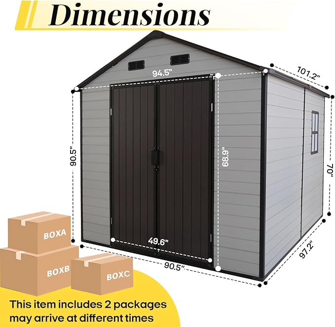 8x8 FT Resin Storage Sheds Outdoor with Floor Included, Plastic Sheds & Outdoor Storage Clearance with 2 Windows and Lockable Door, Backyard Storage Sheds for Garden Tools, Bike, Brown+White