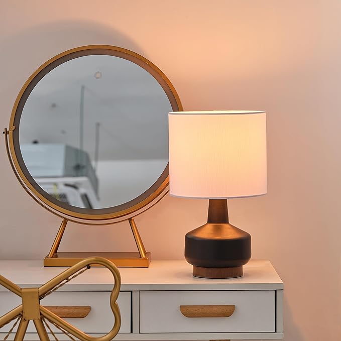 GLOBE Electric 15" Ceramic Table Lamp, Matte Black Base, Wood-Toned Accent