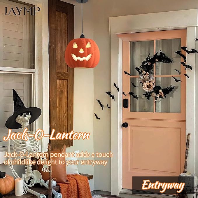 JAYMP Halloween Light Up Pumpkin Pendant Light, Jack O Lantern, Living Dining