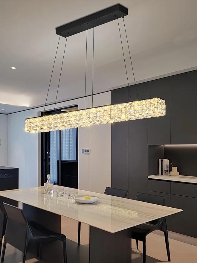 W48 Rectangle Chandeliers for Dining Room, Modern Crystal Pendant Lights
