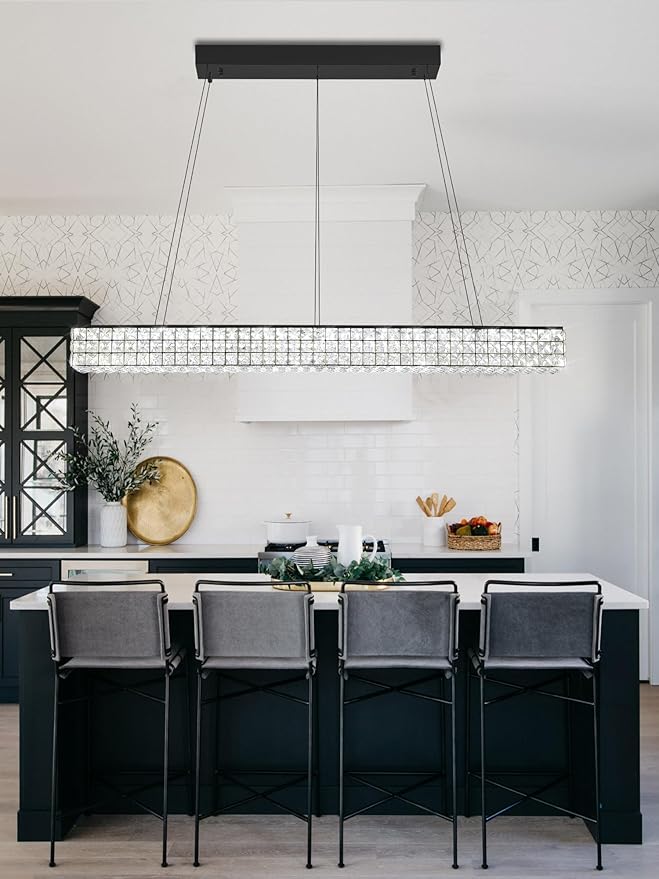 W48 Rectangle Chandeliers for Dining Room, Modern Crystal Pendant Lights