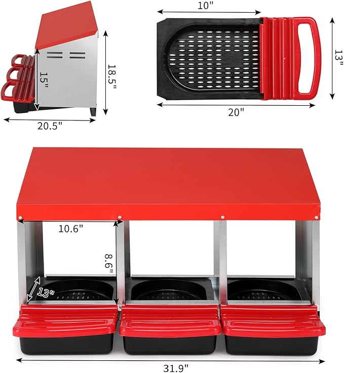 Chicken Nesting Boxes Plastic with Roll Away Egg,3 Compartment Roll Out Chicken Nest Box Egg Laying Box with Lid Cover,Rolling Egg Collection & Protection Chicken Coop for Up to 3 Hens,Red