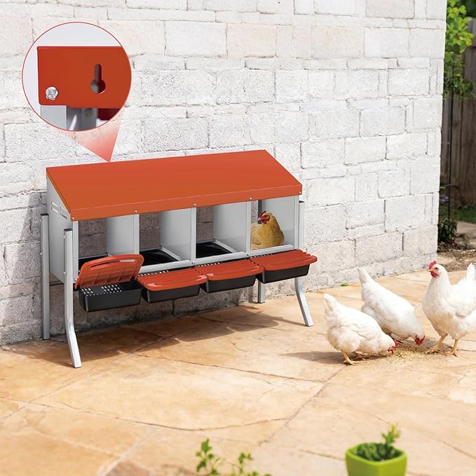 Chicken Nesting Boxes, Metal Rollaway Chicken Nest Box with Rollout Egg Collection, Removable Tray & Nesting Pads, Egg Laying Box for Chicken Coop Hens, Wall Mount or Standing, 4 Compartments, Orange