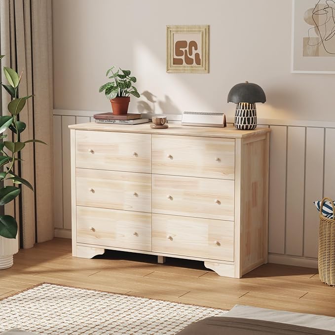 VINGLI Solid Wood Dresser Unfinished for Color DIY, Natural Real Wood Dresser 6 Drawer for Bedroom, 47.16" W*17.72" D*33" H