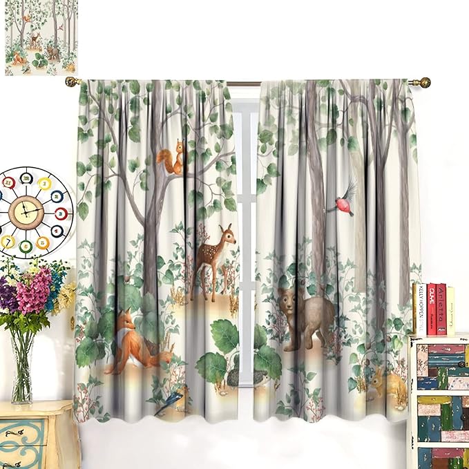 Forest Animal Curtains,Fox Elk Bird Animal Watercolor Woodland Print Curtains Kids Nursery Bedroom Living Room Home Decoration 72x63in