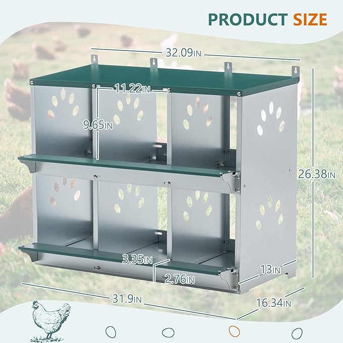 Chicken Nesting Box, 6 Compartment Metal Nesting Boxes for Chicken, Galvanized Steel Nesting Boxes for Hens, Easy to Assemble (6 Holes)