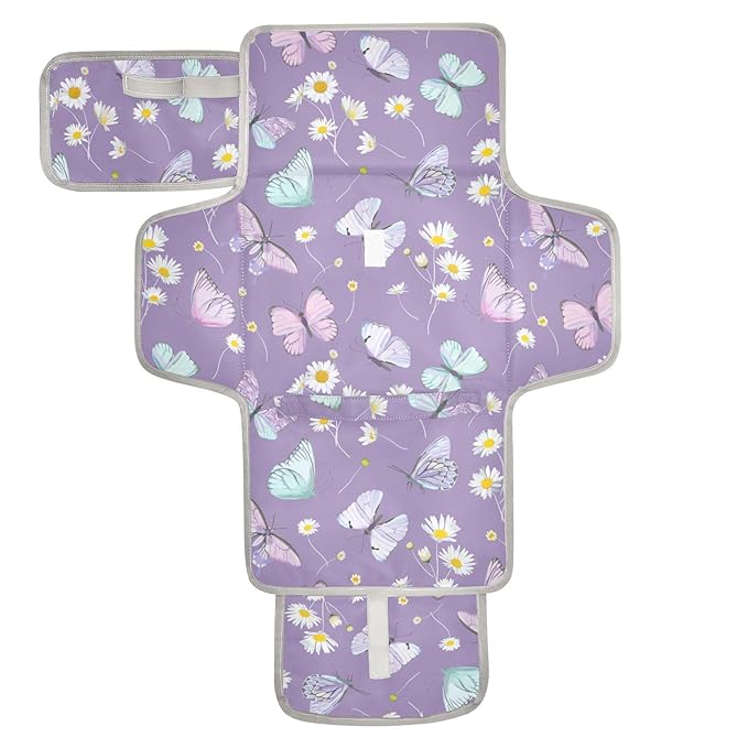 Portable Changing Pad for Baby - Butterfly Purple Waterproof Diaper Changing Mat Travel Changing Pad with Built-in Pillow - Shower Gift for Baby