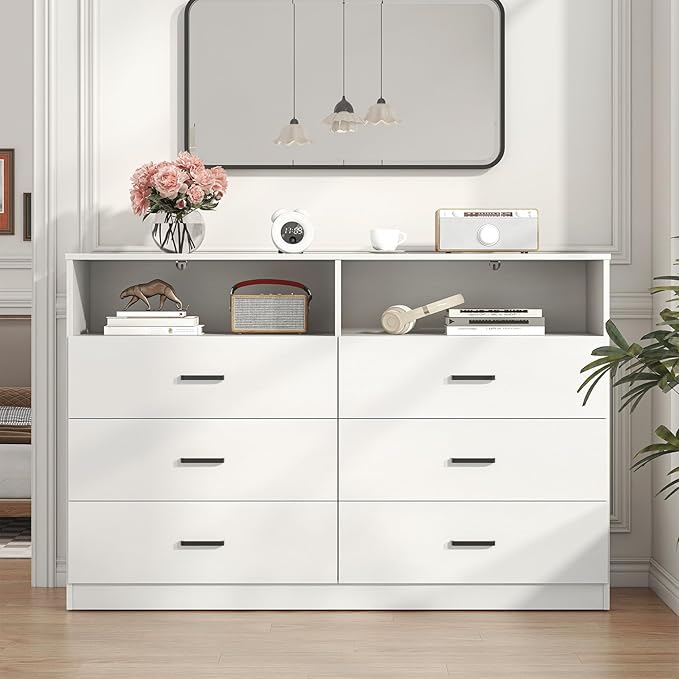 Bigbiglife 6 Drawers Dresser for Bedroom with Open Storage Cubby, Double Wide Dresser Organizer for Bedroom, Living Room, Entryway, Hallway (White)