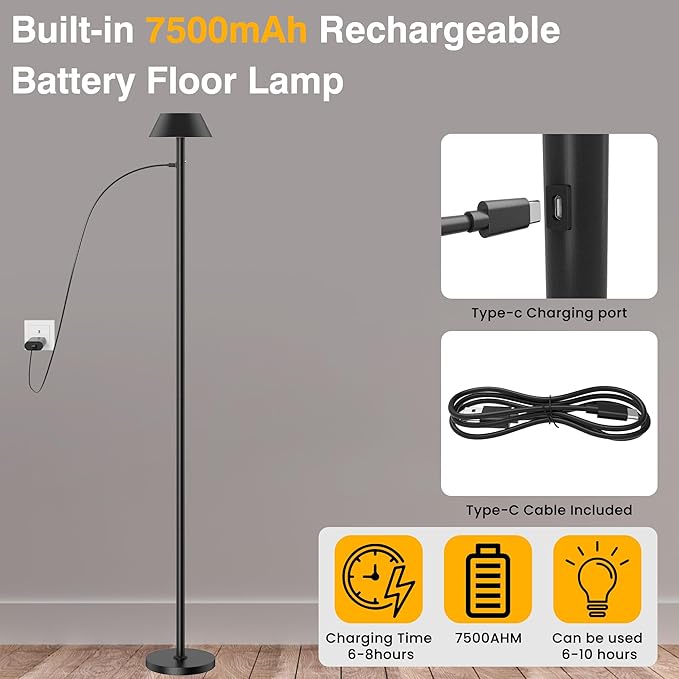 Portable Cordless Floor Lamp | Adjustable Height Reading Lamps Floor Standing |