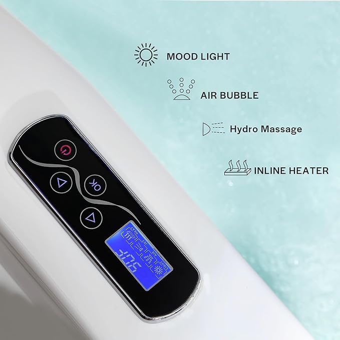 Empava 2 Person Heated Soaking Whirlpool Bathtub, 71” Jetted Tubs with 16 Jets(8 Water Jetted + 8 Air Bubble), Acrylic SPA Bath Tub, with LED control panel, Faucet and two white pillows