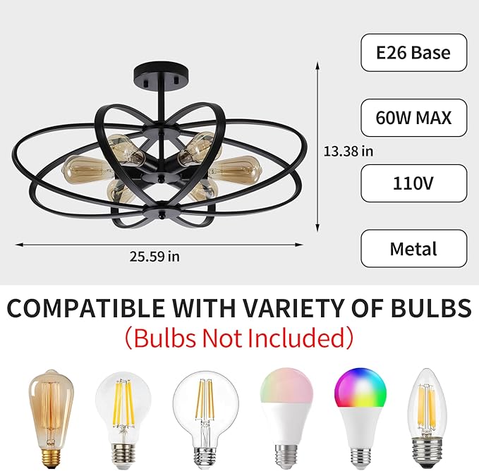 Semi Flush Mount Ceiling Light Fixture Chandelier 6-Light Kitchen Ceiling