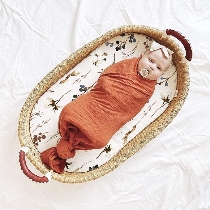 GRSSDER Stretchy Ultra Soft Fitted Bassinet Sheet Set 3 Pack, Universal Fit for Bassinets Baby Cradle Moses Basket Oval Rectangle Mattress Safe and Snug, Stylish Pretty Flora for Baby, Beige