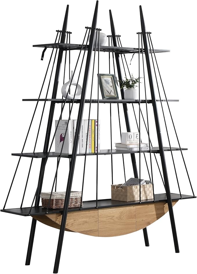 4 Tier Modern Boat-Shaped Bookshelf with Drawer, Black & Natural, 84.3" Tall Vertical Ladder Shelf for Storage Display Decoration, Sturdy MDF & Metal Industrial Frame, for Bedroom, Office