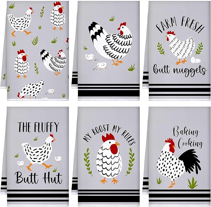 Boyiee Set of 6 Farm Chickens Kitchen Towels Farmhouse Absorbent Dish Tea Towels Rustic Country Rooster 24 x 16 Inches Gifts Chickens Hand Washcloth Gifts for Kitchen Bathroom Decorations