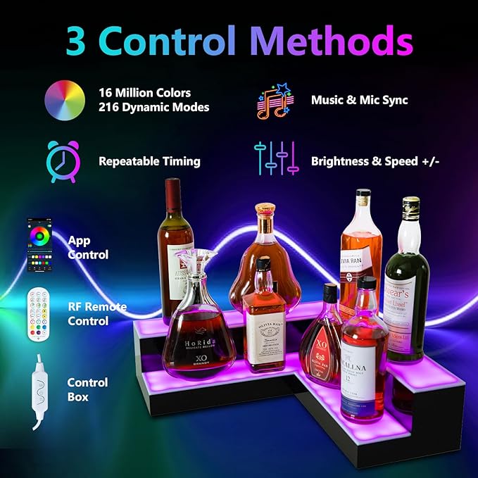 Corner Led Lighted Liquor Bottle Display Shelf, 20 Inch 2 Tier Whiskey Rack