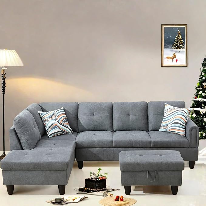 L Shaped Sectional Couch with Otttoman, 97" Sectional Sofa for Living Room Flannel Modular Couches with Cup Holders for Bedroom, Apartments, Grey