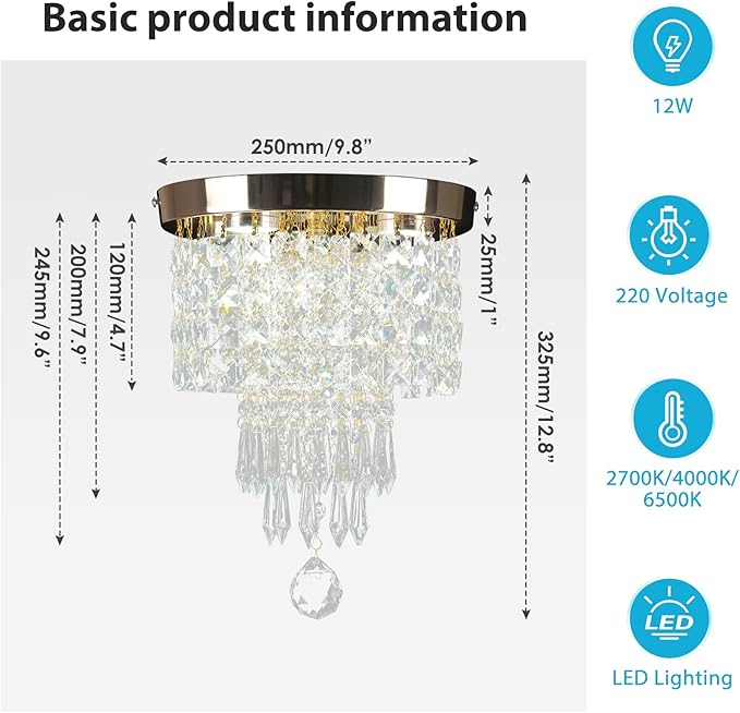 Flush Mount Crystal Chandelier 9.8" – Modern Gold Ceiling Light