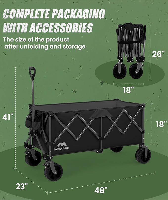 48”L Foldable Wagons Carts Extended, Collapsible Folding Wagon 500lbs Heavy Duty, 320L Large Beach Wagon, Utility Wagon with All Terrain Big Wheels for Sports, Camping, Grocery, Garden, Black