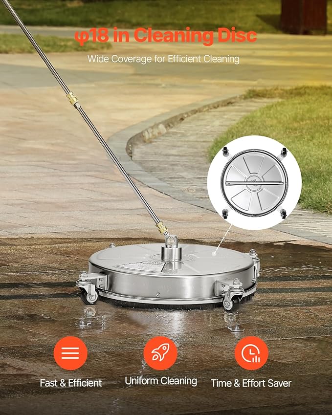 VEVOR 18" Pressure Washer Surface Cleaner, Stainless Steel Pressure Washer Attachments with 4 Wheels, 4000 Max PSI, 1/4 Quick Connector, 2 Spray Nozzles, 2 Extended Wands for Concrete, Patio, Deck