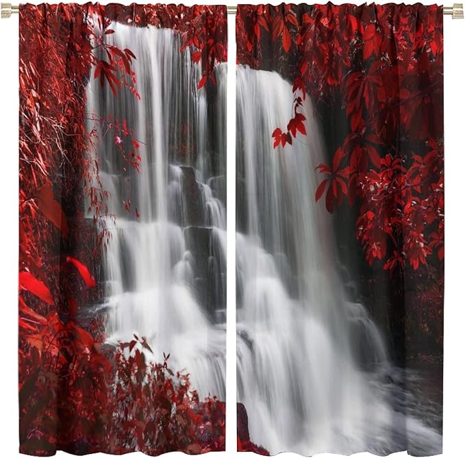Red Forest Waterfall Blackout Windows Curtains, Waterfall Red Forest Black and Red Natural Landscape Print Window, for Living Room Bedroom 42x45in 2 Panels