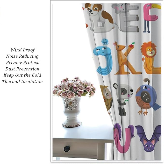 Kids Alphabet Curtains Cartoon Animal Baby Children Funny Learning Educational Curtain with Rod Pocket for Bedroom Nursery Decor Drapes Window Treatments 2 Panels Set 63x72in