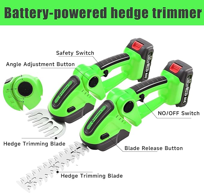 Cordless Hedge Trimmer, 2-in-1 Handheld Electric Hedge Trimmer/Grass Shears for Garden,Yard and Lawns, Shrub Trimmer with 2 PCS Rechargeable Battery&Charger (Green)