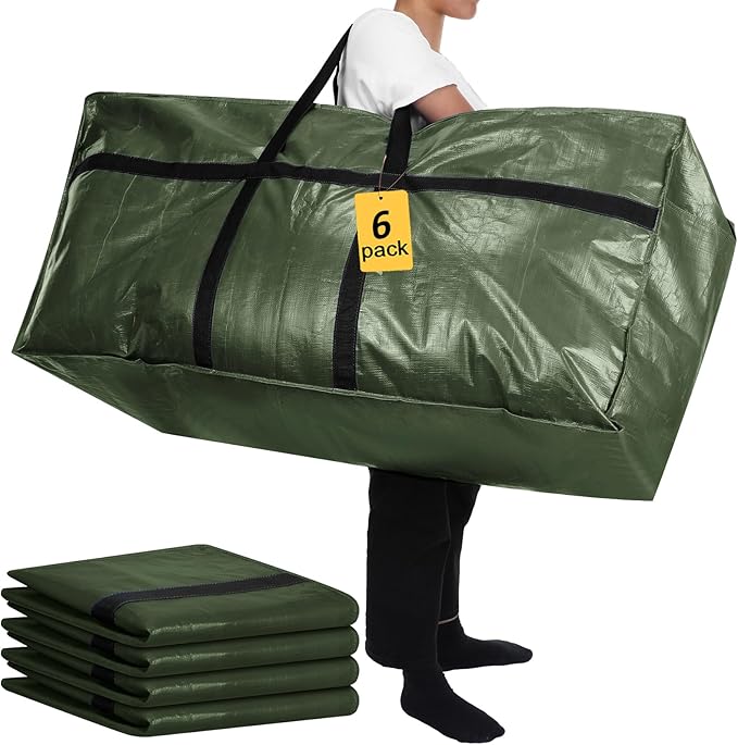6 Pcs 66 Gallon Large Moving Bags with Zipper and Handles Foldable Storage Duffle Bags Heavy Duty Extra Large Totes for College Dorm Travel Clothes Blankets Bedding Moving (Army Green)