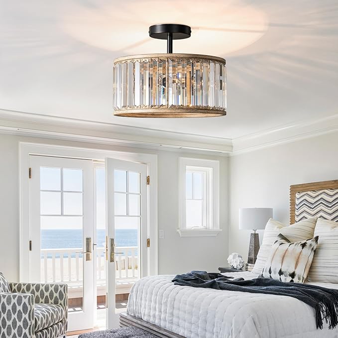 Veronie Crystal Ceiling Light Fixture, 3 Light Crystal Semi Flush Mount