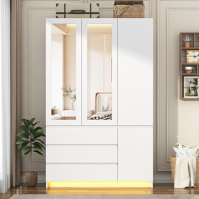 3 Doors Armoire Wardrobe Closet with 3 Drawers & Mirror, Modern Wooden Bedroom Armoires with Hanging Rod Led Lights for Bedroom, White