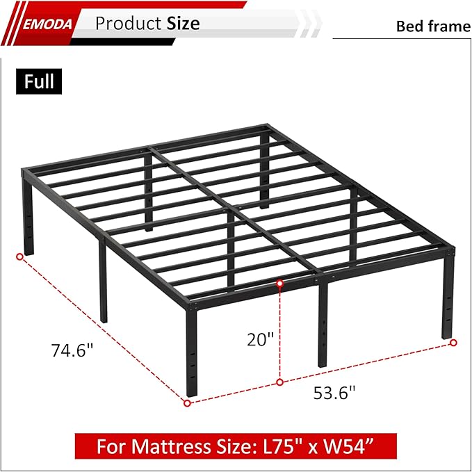 EMODA 20 Inch Tall Full Size Bed Frame with Large Storage Space, Easy Assembly Heavy Duty Metal Platform No Box Spring Needed, Noise Free, Black