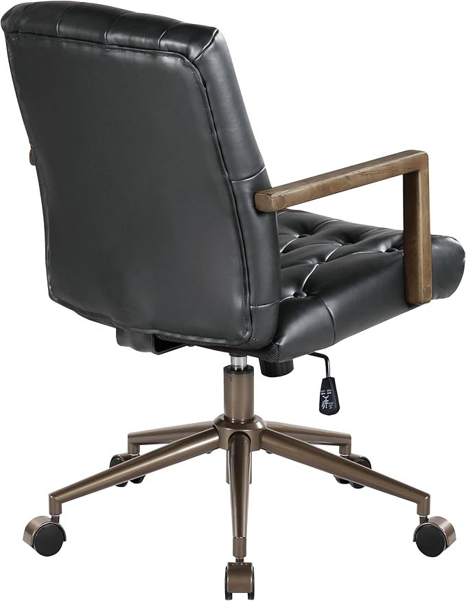 OSP Home Furnishings Waltham Adjustable Height and Tilt, Swivel Home Office Chair with Wood Arms, Black Faux Leather