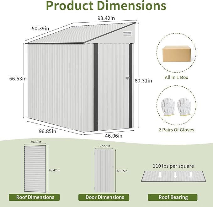 4x8 Lean to Metal Shed - White, Heavy-Duty Outdoor Storage for Bikes, Tools, Lawn Mowers & Firewood, Rust-Resistant Wall Side Design Sheds with Lockable Door, Waterproof Coating & Sloped Roof