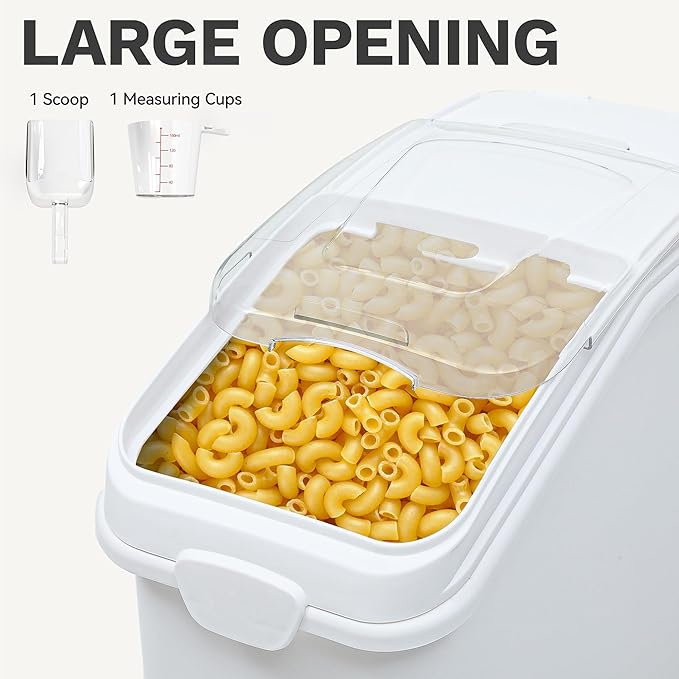 DWVO 27 Gal Large Ingredient Storage Bin, Flour Rice Food Storage Containers Bin with 500 Cups, Commercial Bins with 360° Wheels, Scoop and Lid for Kitchen, White